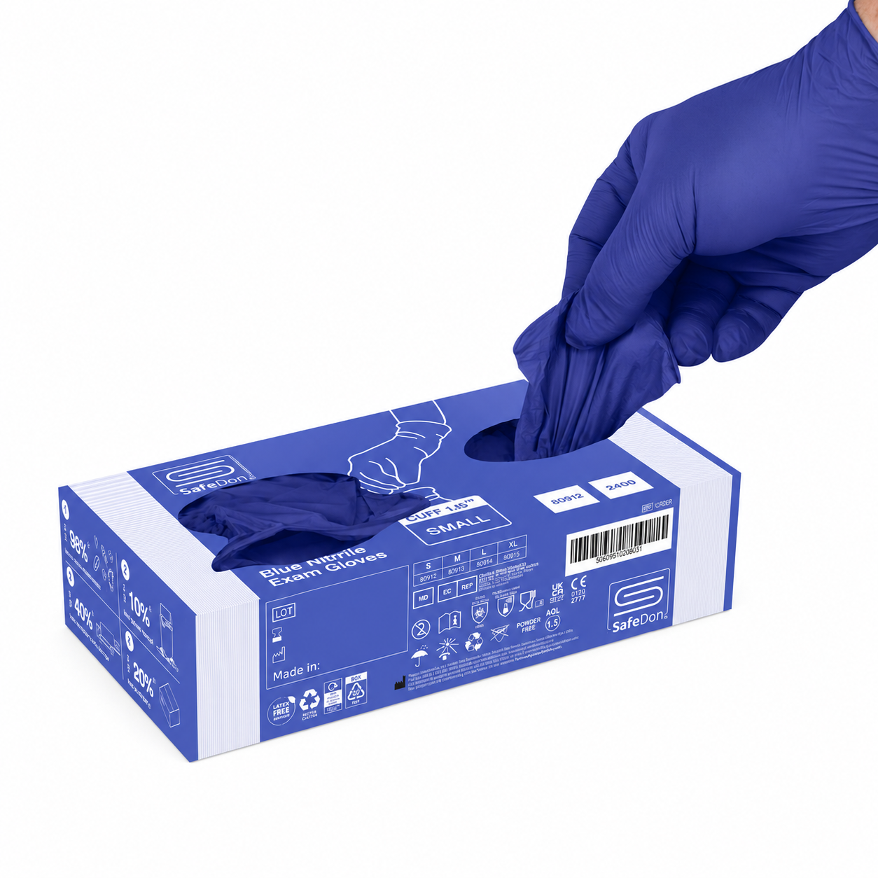 SafeDon Blue Nitrile Powder Free Examination Gloves – Box of 200